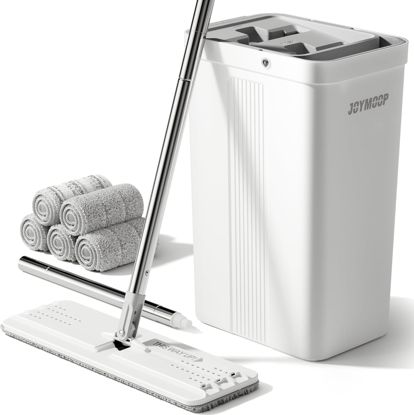 JOYMOOP Mop and Bucket Set, Flat Mops for Floor & Wall Cleaning, Commercial & Household Use, Hardwood Floor Mop with Long Handle & 4 Microfiber Pads