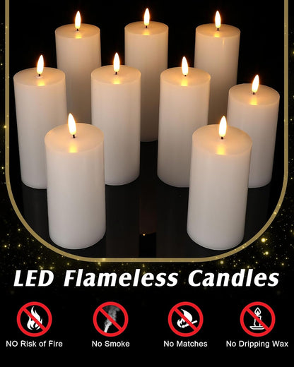 VIHOSE 9 Pack White Flameless Candles Set with Remote and Timer Flickering Flameless Battery Candles Flat Top LED Pillar for Wedding Outdoor Home Festival Decoration(D 3'' H 4'' 5'' 6'')