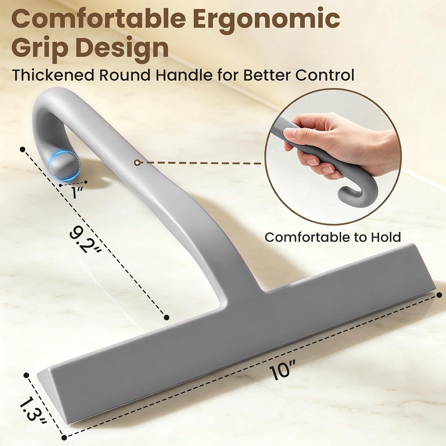 Shower Squeegee for Glass Doors - 10 Inch Bathroom Squeegee with Ergonomic Round Grip, Built-in Hook, Streak-Free No-Squeak Silicone Blade for Shower Glass, Tile Walls, Mirrors & Windows, Black