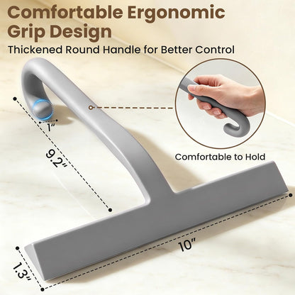 Shower Squeegee for Glass Doors - 10 Inch Bathroom Squeegee with Ergonomic Round Grip, Built-in Hook, Streak-Free No-Squeak Silicone Blade for Shower Glass, Tile Walls, Mirrors & Windows, Black
