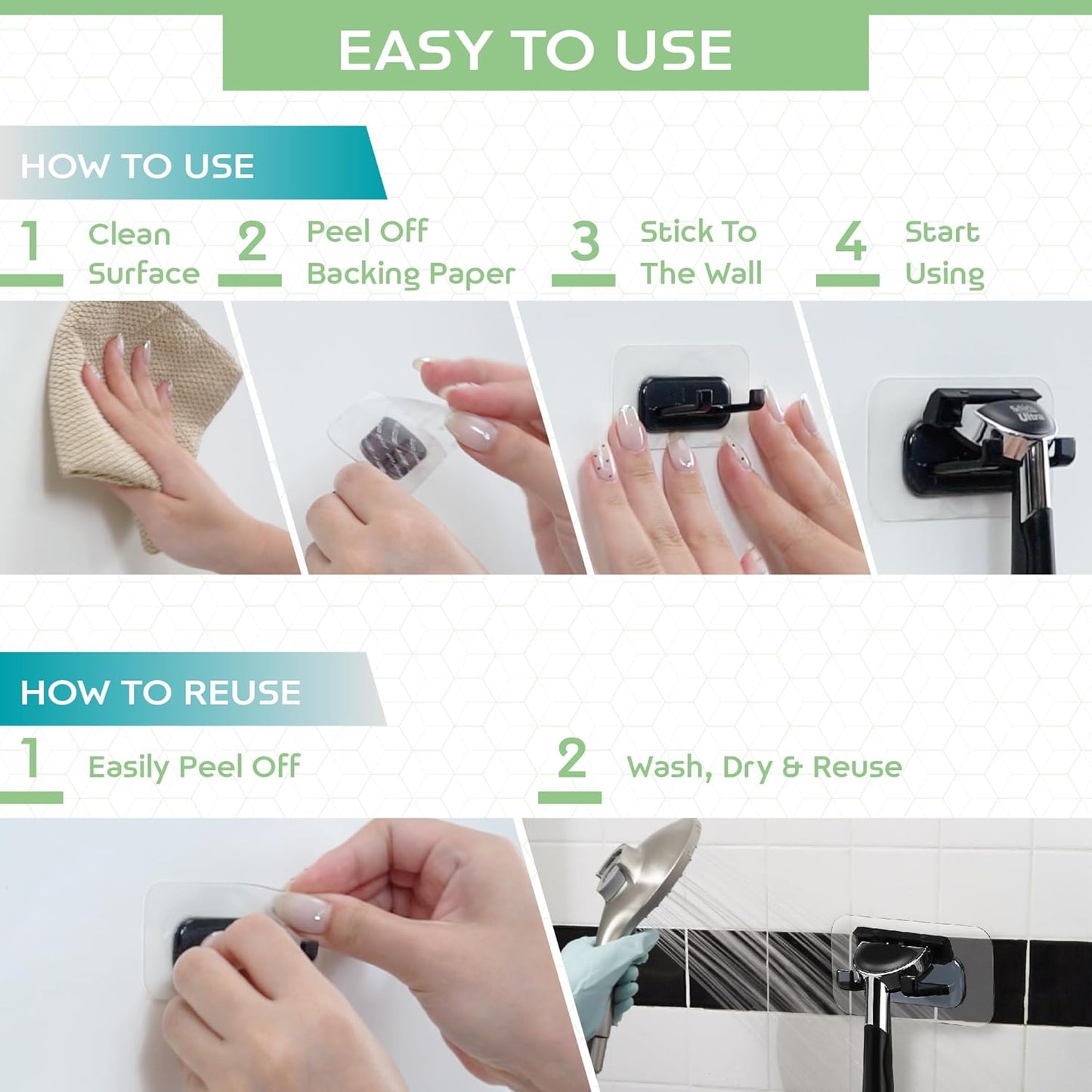Hook LAB Strong Adhesive Shower Razor Holder, 2-Pack Waterproof Wall Hooks for Bathroom, Reusable & Removable No-Drill Hook for Razors, Towels & Accessories – Works on Tile, Glass & Metal - Black