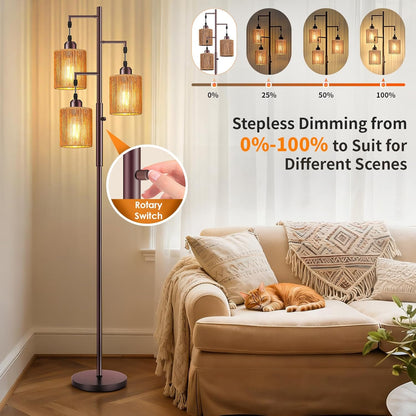 Hotsonic 72" Tall Boho Rattan Style Floor Lamp with Hand-Woven Paper Cord Shade, Dimmable Industrial Tree Standing Lamp for Living Room, Bedroom, Study Room, Office (3 x 800LM Bulbs Included) - Black