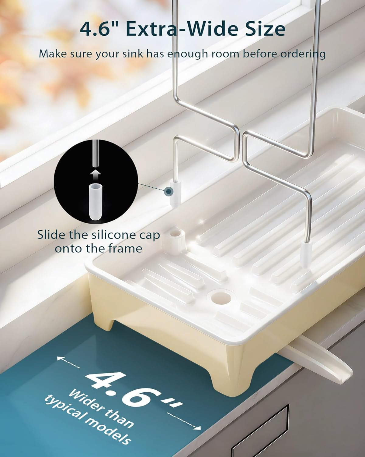 Minimalist Sink Caddy, Rustproof Sponge Holder for Kitchen Sink with 304 Stainless-Steel Brush Holder, Countertop Rack Organizer with Raised Ridges & Silicone Drain Tube (Black, Large)