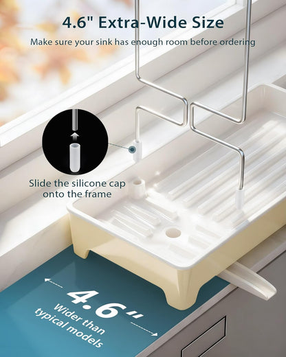 Minimalist Sink Caddy, Rustproof Sponge Holder for Kitchen Sink with 304 Stainless-Steel Brush Holder, Countertop Rack Organizer with Raised Ridges & Silicone Drain Tube (Black, Large)
