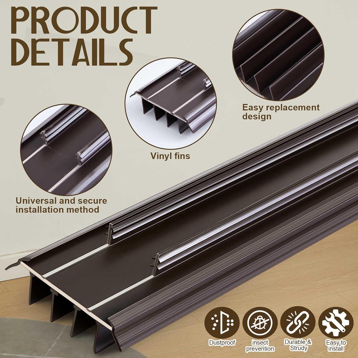 Pushglossy 2 Pcs Kerf Style Door Bottom 36" Long 1 3/4" Wide Replacement Threshold Seal with Vinyl Fins Weatherstrip Draft Stopper for Interior Exterior Doors(White)