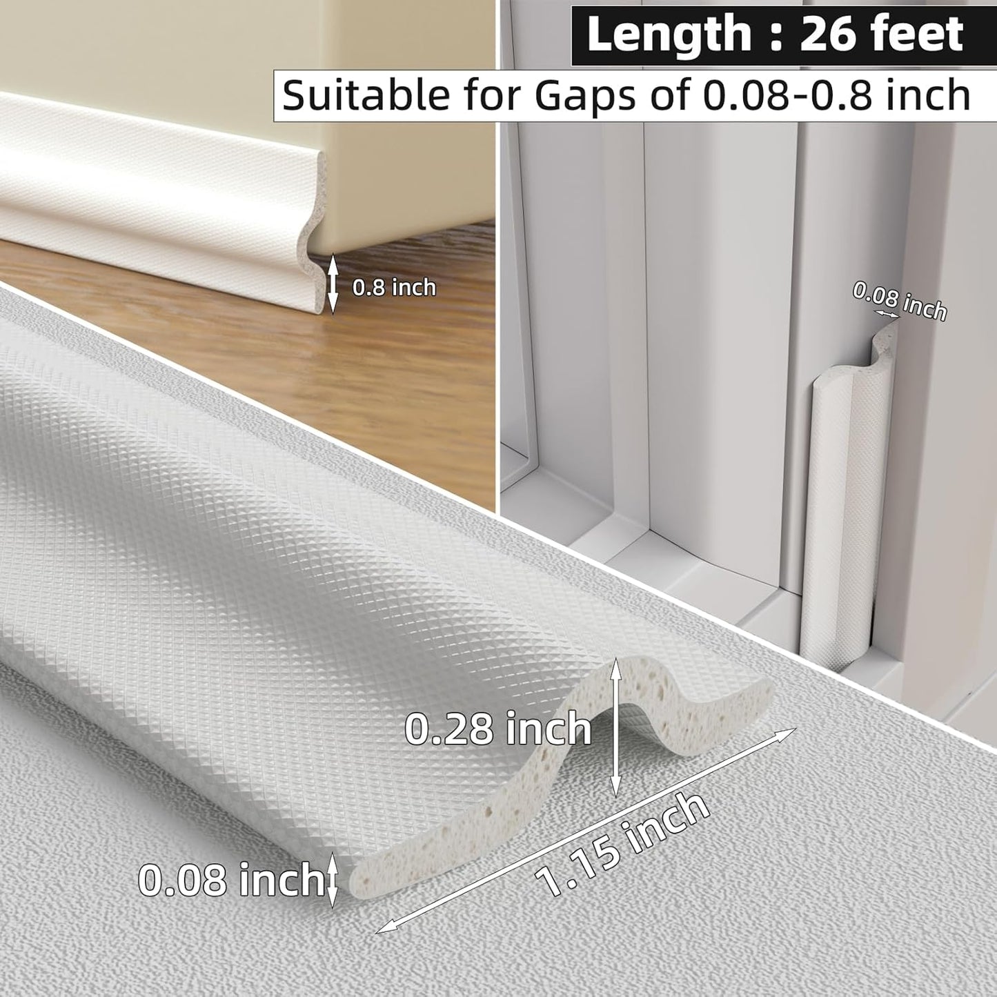 118 inch Weather Stripping Door Seal Strip for Bottom of Door,Self-Adhesive Window Draft Stopper Foam Seal Strip,Soundproof Window Insulation Weather Strip for Winter Gap Blocker(White)