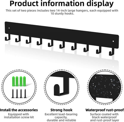 Key Holder Wall Mount,14in with 10 Hooks,Black Metal Key Hanger for Car Key Ring,Suitable for Entrances/Door/Living Rooms/Kitchen/Offices（2 Sets）