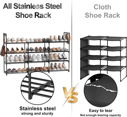 3 Row 4 Tier Long Shoe Rack, Black Metal Stackable Shoe Shelf with Multifunctional Hooks, Shoe Storage Hold 24-30 Pairs, Space Saving Shoe Organizer for Closet,Wide Shoe Rack