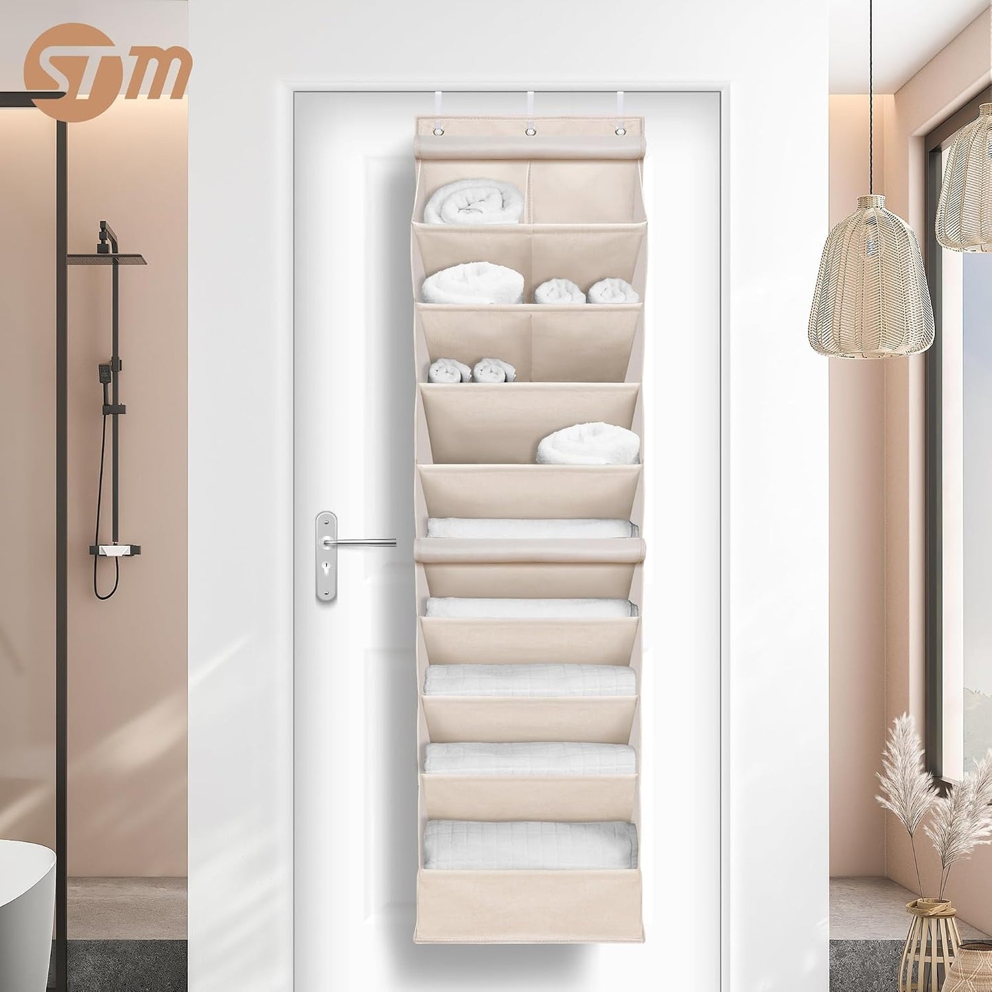 STORAGE MANIAC Over the Door Shoe Organizer with Curtain Dustproof Heavy-Duty Large Deep Pocket Hanging Shoe Organizer for Closet Dorm & Narrow Door Storage Shoe Holder Shoe Rack, 9-Shelf Beige 1 Pack