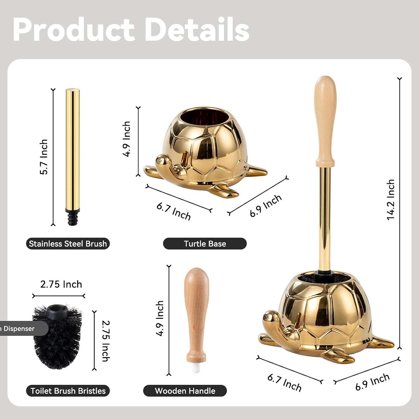 Toilet Brush and Holder Set, Ceramic Turtle Base Toilet Brush Set - 7.5” Bowl Cleaner, Toilet Scrubber Brush with Ergonomic Handle (Silver)