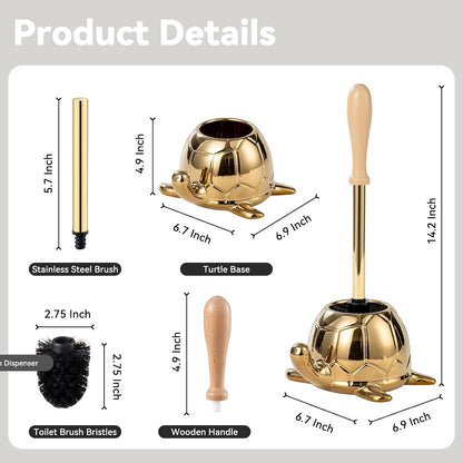 Toilet Brush and Holder Set, Ceramic Turtle Base Toilet Brush Set - 7.5” Bowl Cleaner, Toilet Scrubber Brush with Ergonomic Handle (Silver)