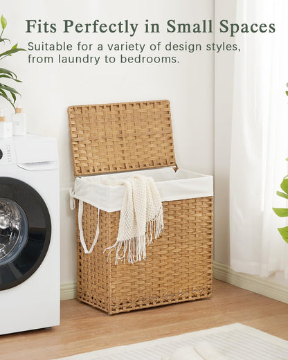SETVSON Laundry Hamper with Lid Laundry Basket 132 L (35 Gal) Wicker Clothes Hamper, Handwoven Rattan Hamper with Handles and 4 Removable Liner Bags, 6 Mesh Bags for Laundry Bedroom Natural