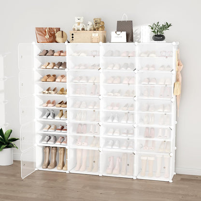 Portable Shoe Rack Organizer with Door, 96 Pairs Shoe Storage Cabinet Easy Assembly, Plastic Adjustable Shoe Storage Organizer Stackable Detachable Free Standing DIY Expandable 12 Tier Black
