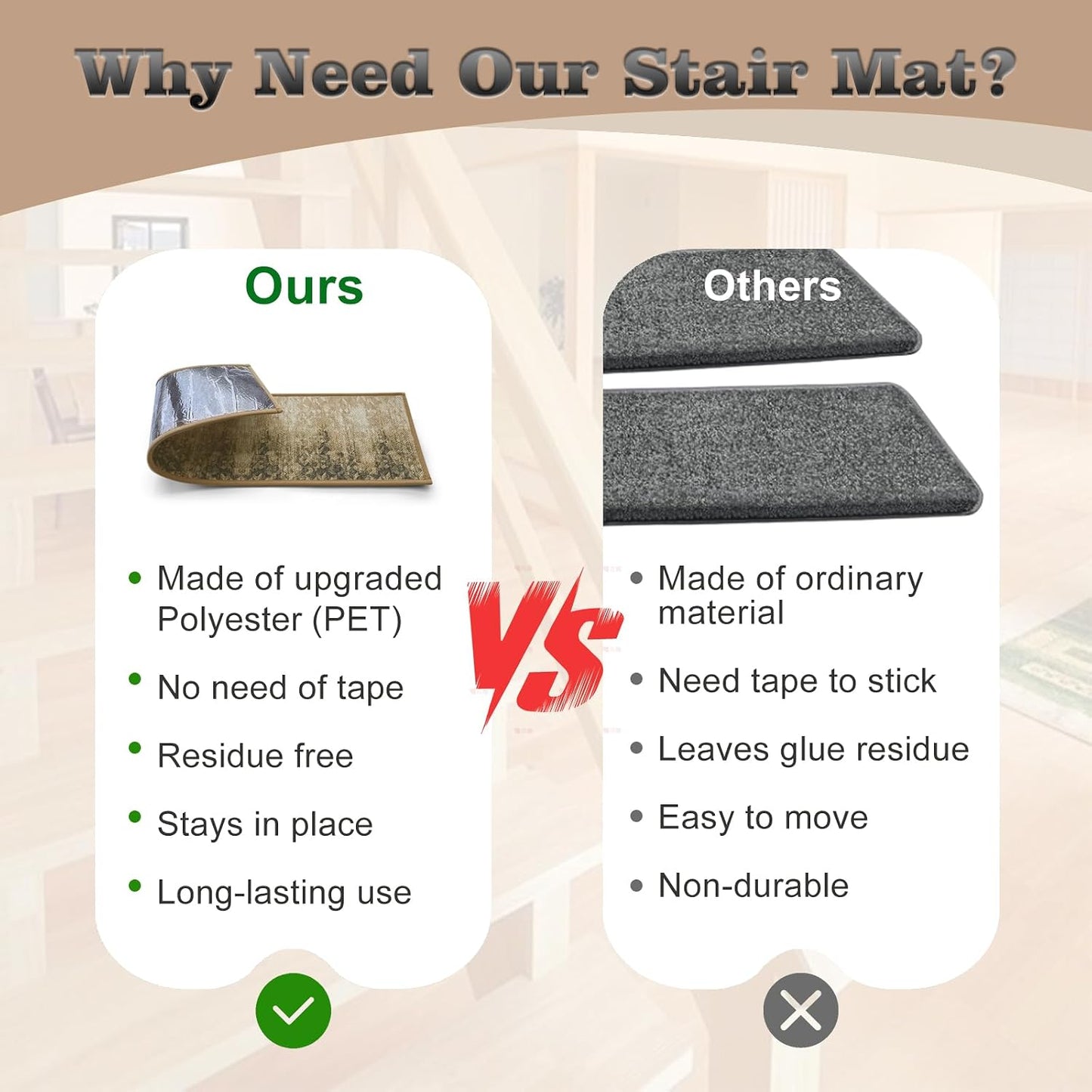 Non Slip Stair Treads for Wooden Steps, 15 Pack 8"x30" Washable Carpet | 8x30 in soft chenille polyester stair treads with reusable TPE backing for indoor wood stairs, dogs, kids, and seniors
