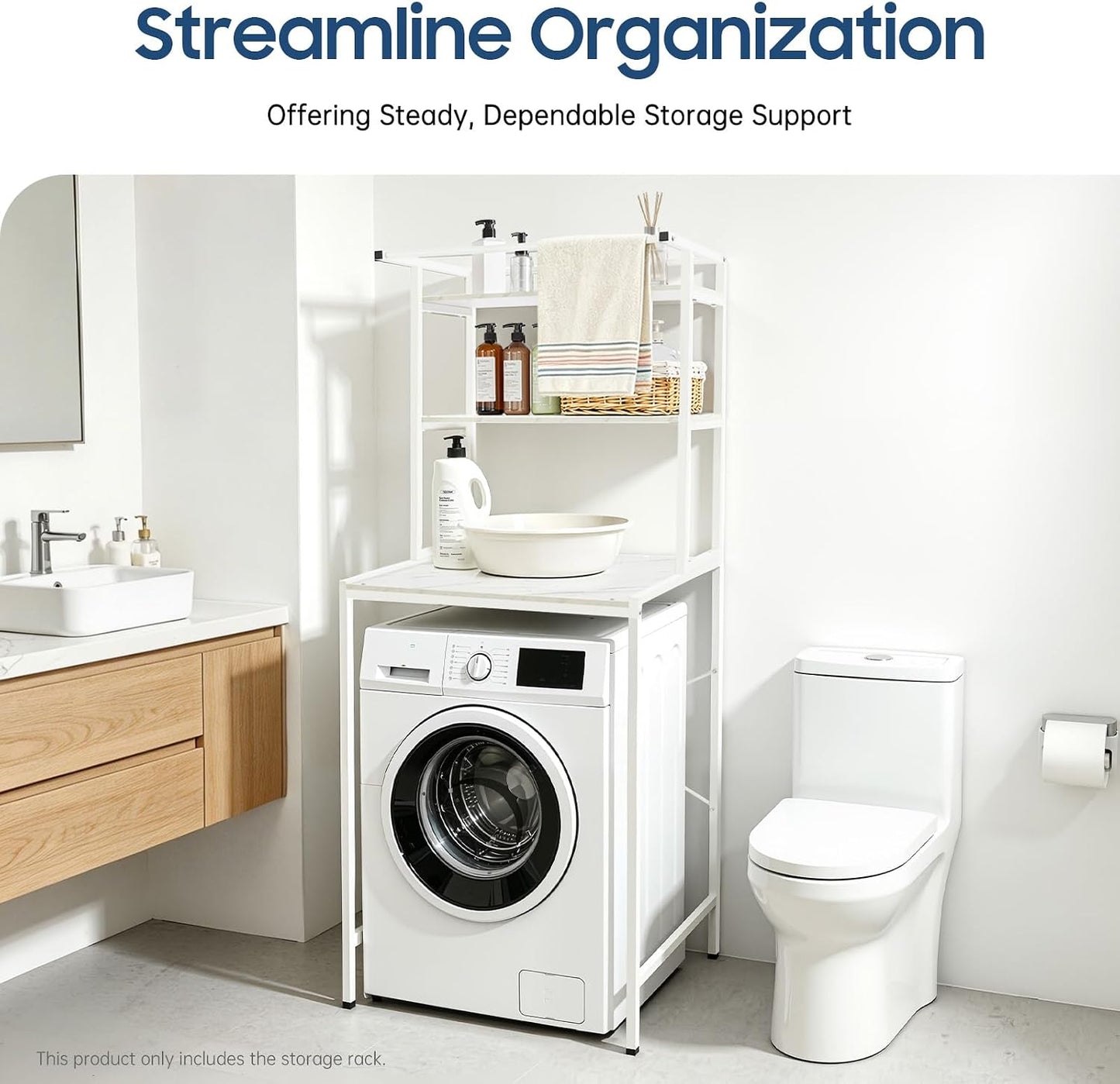 Over the Washer and Dryer Storage Shelf 3-Tier (White+ Log) | Over Washer and Dryer Shelves, Sturdy Mdf & Iron Frame, 22lbs per Tier, Anti-Wobble Feet Space-Saving for Laundry Room