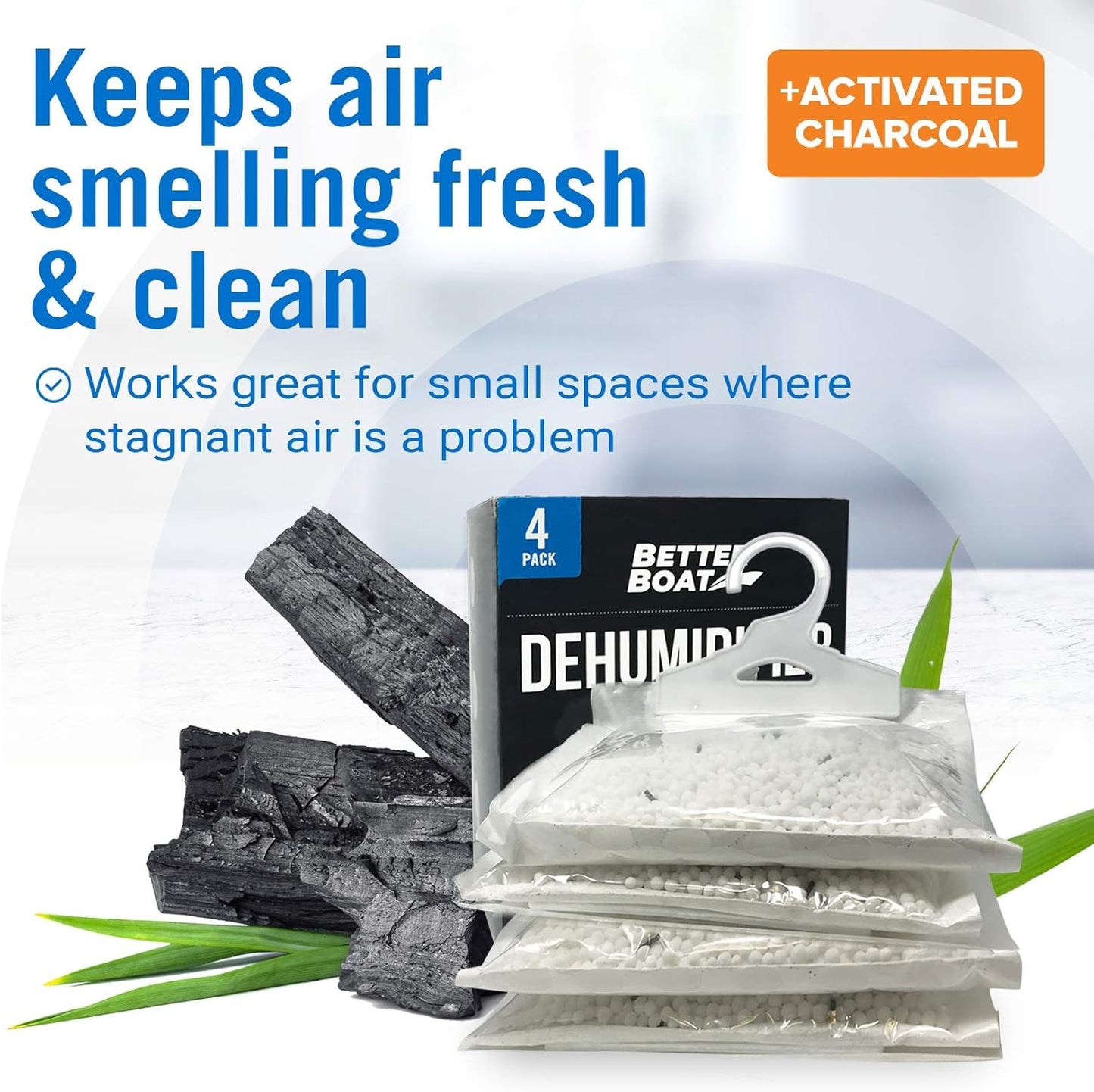 4 Pack Moisture Absorber Hanging Bags, Boat Dehumidifier with Charcoal, Unscented, Removes Dampness and Musty Odors, Ideal for Basement, Closet, Home, Car, RV, and Boating