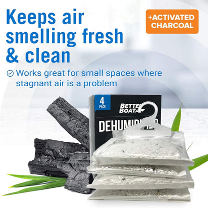 4 Pack Moisture Absorber Hanging Bags, Boat Dehumidifier with Charcoal, Unscented, Removes Dampness and Musty Odors, Ideal for Basement, Closet, Home, Car, RV, and Boating