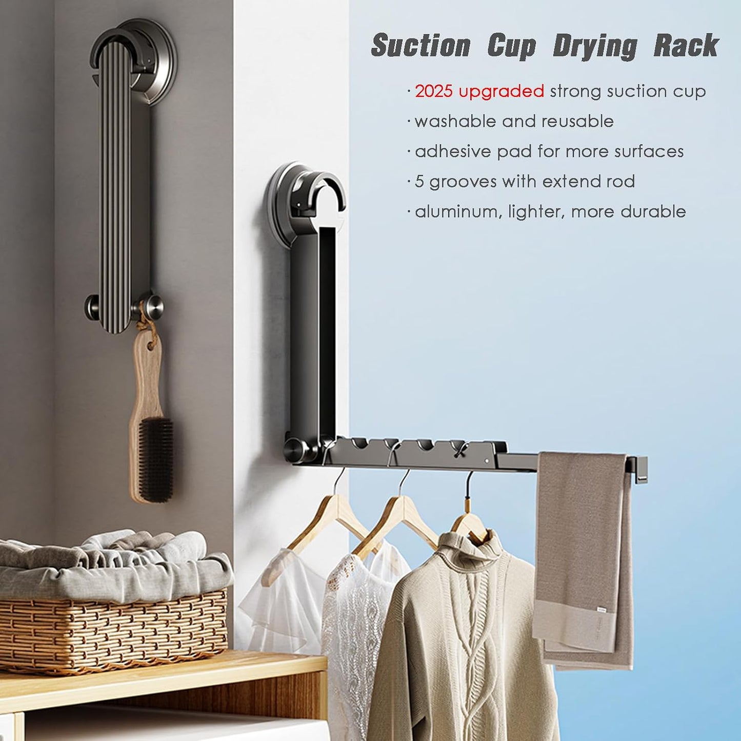 Foldaway Clothes Wall Mounted Drying Rack with Suction Cup,All Metal in Space Aluminum, Foldable, Retractable, Portable for Laundry (Grey)