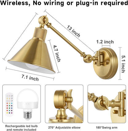 TRLIFE Rechargeable Battery Operated Wall Sconces, Dimmable and Adjustable Color Temperature Wireless Wall Sconces Set of 2 with Remote Control, Gold Swing Arm Wall Light for Bedroom Bedside Hallway
