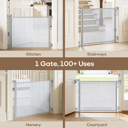 SPACEANY Retractable Safety Baby Gate or Mesh Dog Gate,Durable Portable Mesh Retractable Gate,Easy to Use for Stairs, Doorways, Hallways, Indoor, Outdoor, 33.5" Tall, Up to 45" Wide, Cream