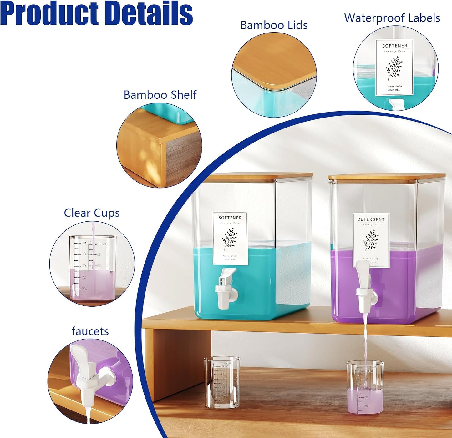 RoleDes Laundry Detergent Dispenser Set, Liquid Laundry Soap Dispensers for Detergent and Fabric Softener, 2 x 101 oz Refillable Containers with Stand for Laundry Room Organization