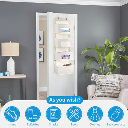 MAX Houser 4-Shelf Over The Door Hanging Organizer with 2 Metal Hooks, Gray | 4 Pocket Swing-proof Behind Door Organizers with Clear Windows for Bathroom Closet, Dorm