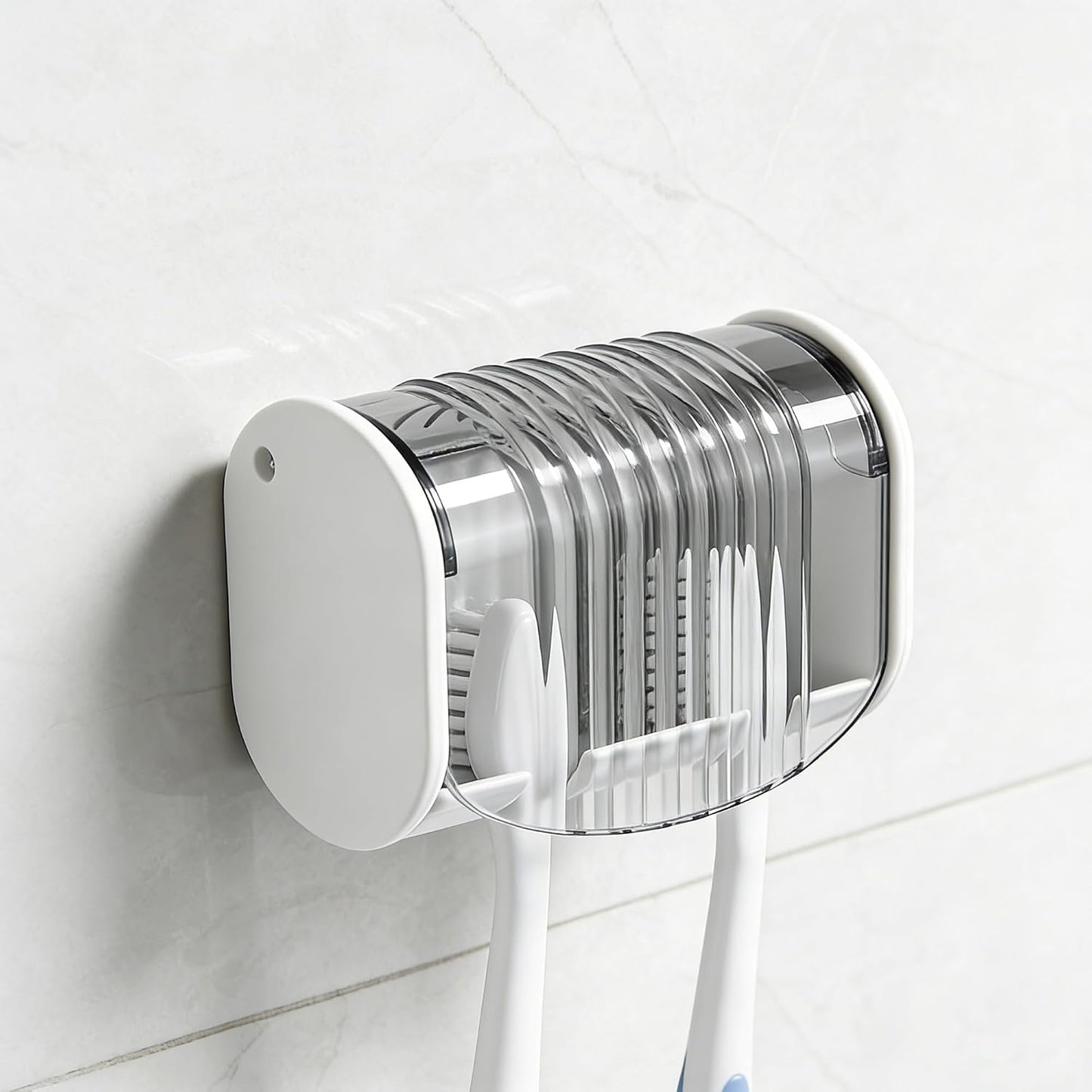 1 Pack Toothbrush Holder Wall Mounted with Cover for Bathroom, 2 Slots Toothbrush Storage Organizer for Shower, Self Adhesive Toothbrush Hanger (Grey)