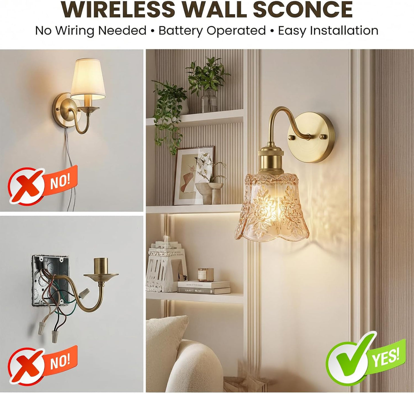 YUNICE Rechargeable Wall Sconces Set of 2 Battery Operated Wall Sconce with Remote Control Dimmable Cordless Wall Lamp with Amber Glass Lampshade Antique Brass Wall Lights for Bedroom Living Room