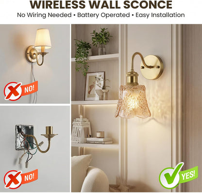 YUNICE Rechargeable Wall Sconces Set of 2 Battery Operated Wall Sconce with Remote Control Dimmable Cordless Wall Lamp with Amber Glass Lampshade Antique Brass Wall Lights for Bedroom Living Room