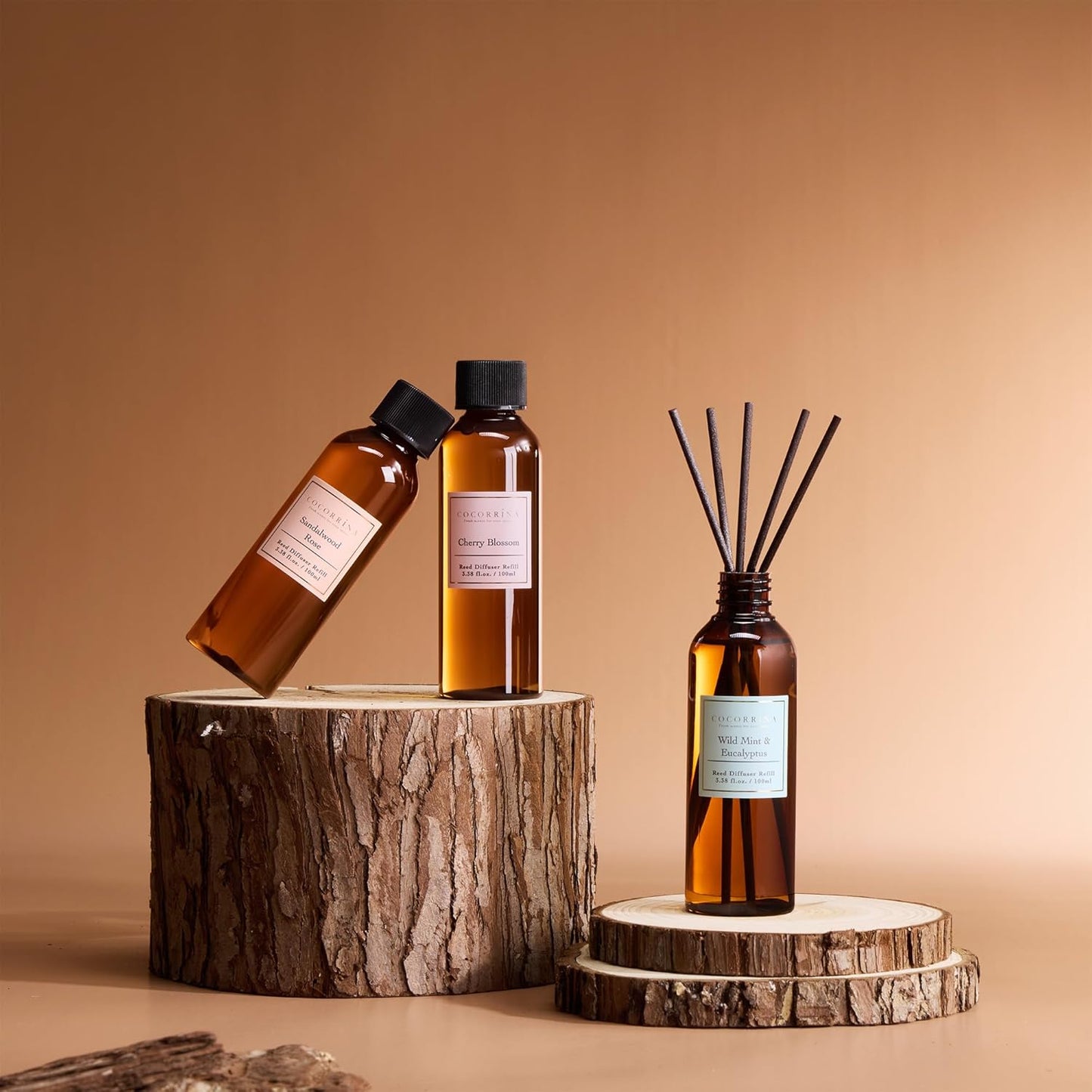 COCORRÍNA Reed Diffuser Refill Set, 10.2oz Scented Oil Refill 3 Pack, Clean Linen, Ocean Mist, Eucalyptus & Moss, Long Lasting Oil Diffuser Refill with 18 Sticks for Bathroom & Bedroom