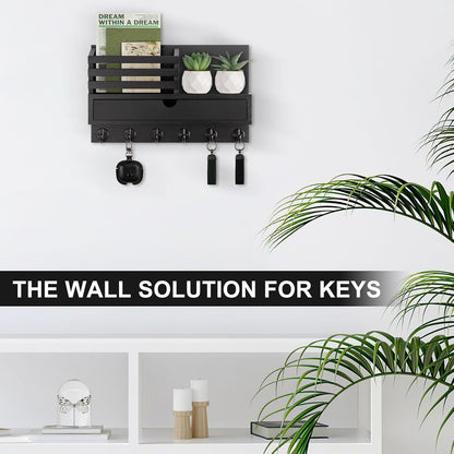 Key Holder Wall Mount, Mail Holder with Storage Drawer and 5 Key Hooks for Coat, Dog Leash, Home Decor Rack, House Accessories, Entry Way Organizer