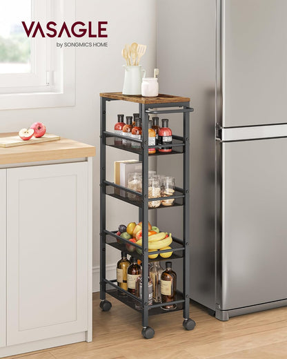 VASAGLE Slim Rolling Cart, 4-Tier Narrow Storage Cart with Handle, 5.1 Inches Deep, Metal Frame, for Kitchen, Dining Room, Living Room, Home Office, Rustic Brown and Classic Black ULRC032B01V1
