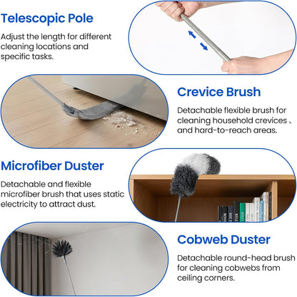 Extra-Long Dusters Kits with Extension Pole, 5 in 1 Cleaning Tools with Extendable Long Handle, Cobweb Duster, Microfiber Dusting Clothes for Gap, High Ceilings and Fans, Blinds, Cars and Furniture