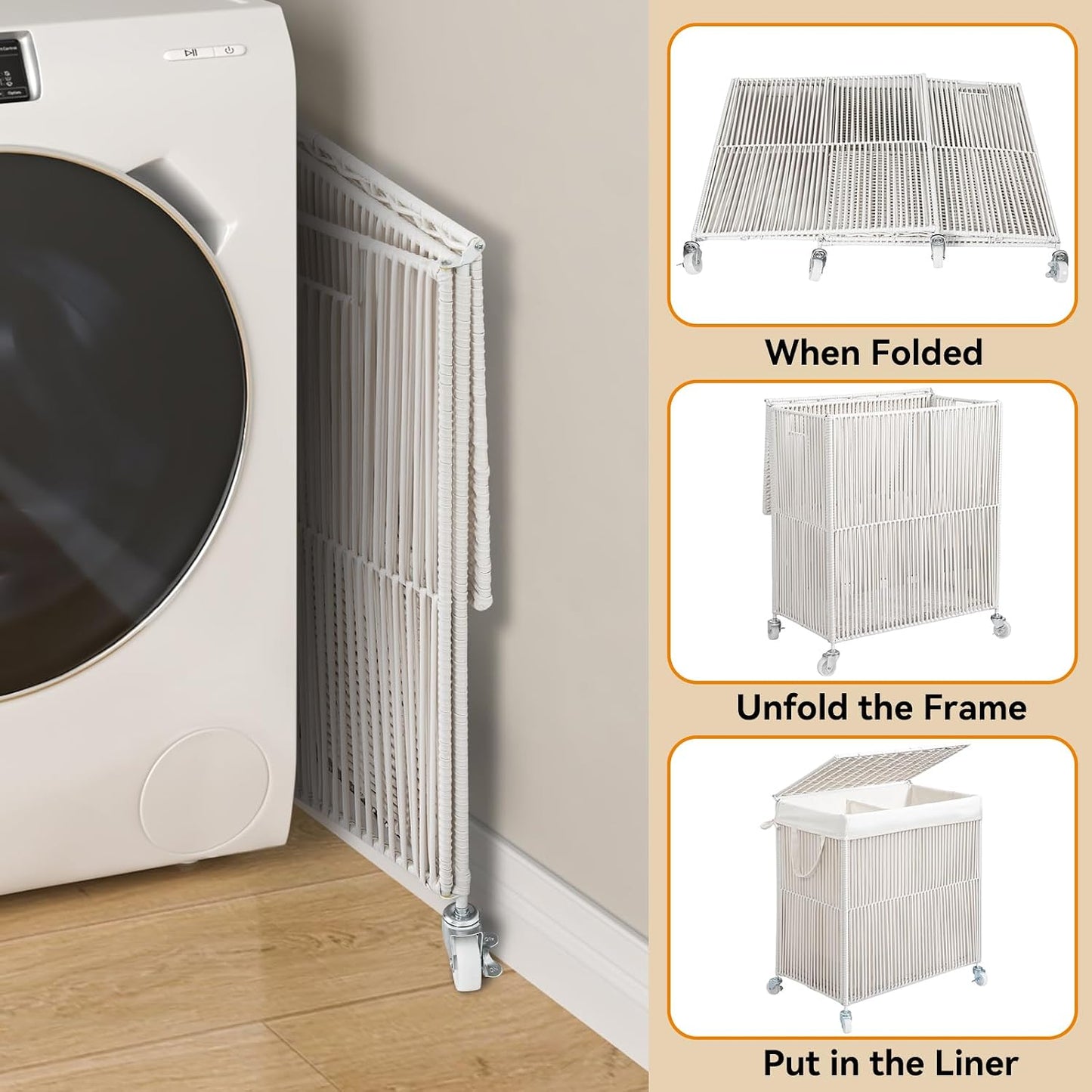 WOWLIVE Laundry Hamper with Wheels, 160L Handwoven Rolling Laundry Basket 3 Section with Lid, Clothes Hamper with Removable Liner Bags, Large Capacity Laundry Sorter Laundry Room Organization, Natural