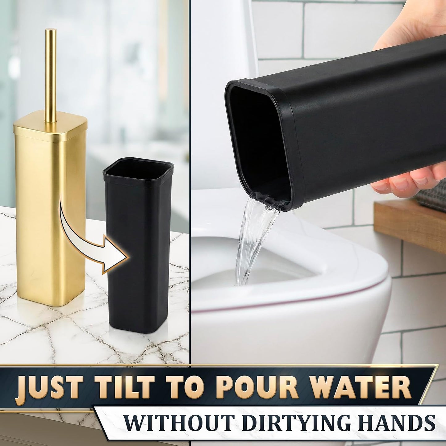 Black Toilet Brush and Holder Set - Slim Matte Design that Fits Anywhere - Stainless Steel Toilet Bowl Brush and Holder with 2 Rounded Corners, Replaceable Head, Removable Inner Bowl & Splash Guard