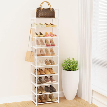 Narrow Shoe Rack 10 Tiers Tall Shoe Rack for Entryway Closet 20 24 Pairs Shoe & Boots Organizer Storage Shelf Durable Black Metal Stackable Shoe Cabinet with Hooks, 17.1D x 11.8W x 78.7H in