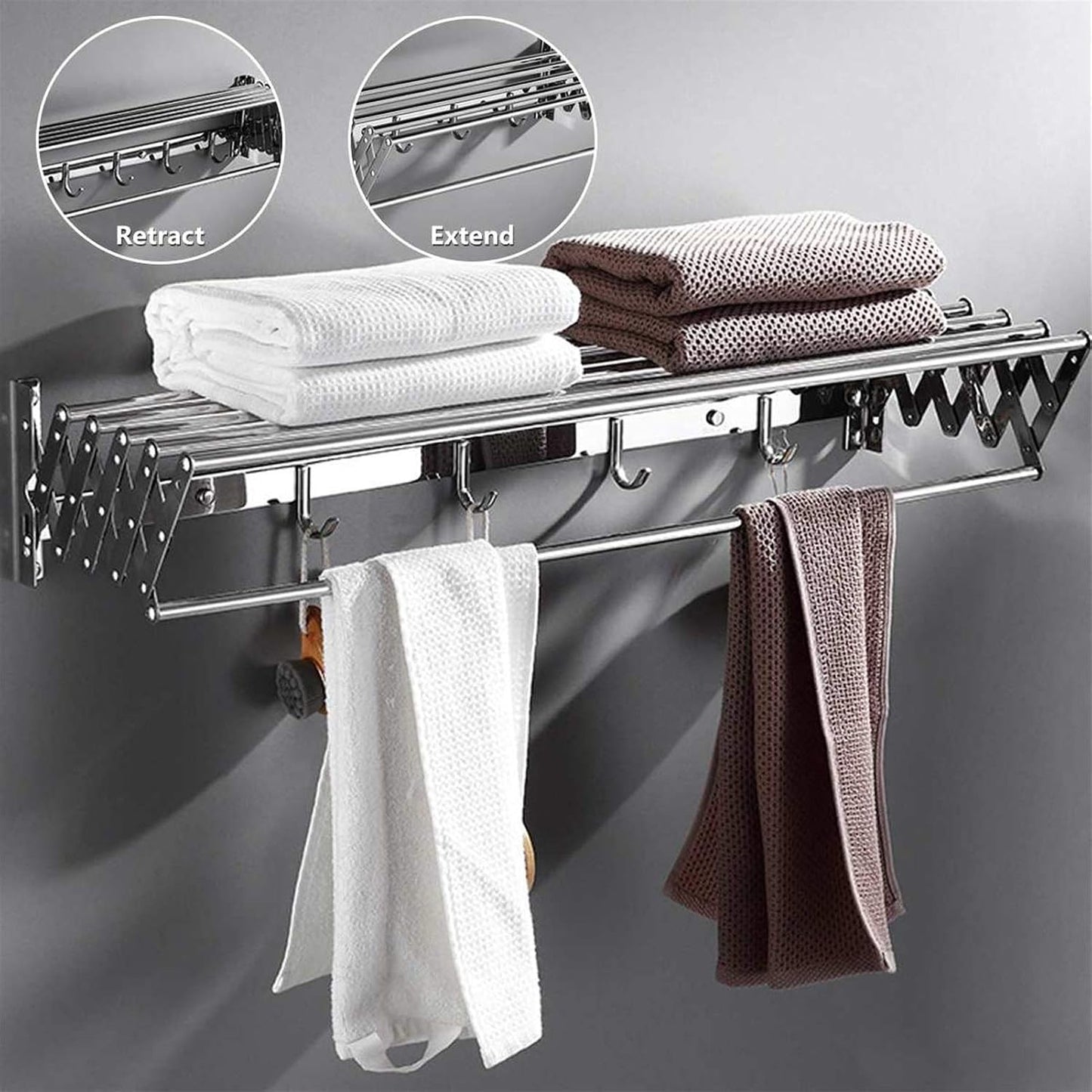 Expandable Wall Mounted Folding Clothes Horse Dryer Rack Retractable Laundry Drying Rack Clothes Airers Washing Line Indoor Towel Hooks Elegant70Cm,40cm