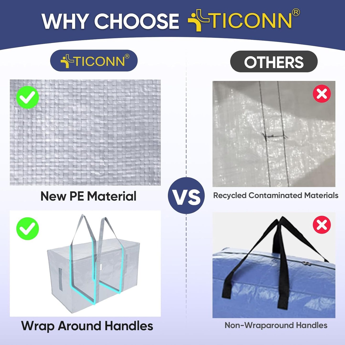 TICONN 4 Pack Extra Large Moving Bags Heavy Duty with Zippers & Carrying Handles, Durable Storage Bags Moving Boxes for Closet Organizers and Storage (4 Pack, Blue)