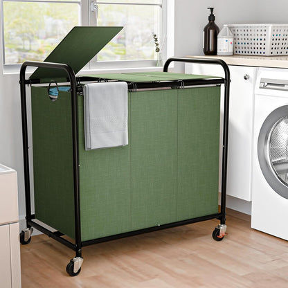 180L (47.55 Gal) Laundry Sorter 3 Section, Rolling Laundry Basket with Lockable Wheels and Lid, Laundry Hamper with 3 Separated Removable Bags Dirty Clothes Hamper for Laundry Room Organizer, Black