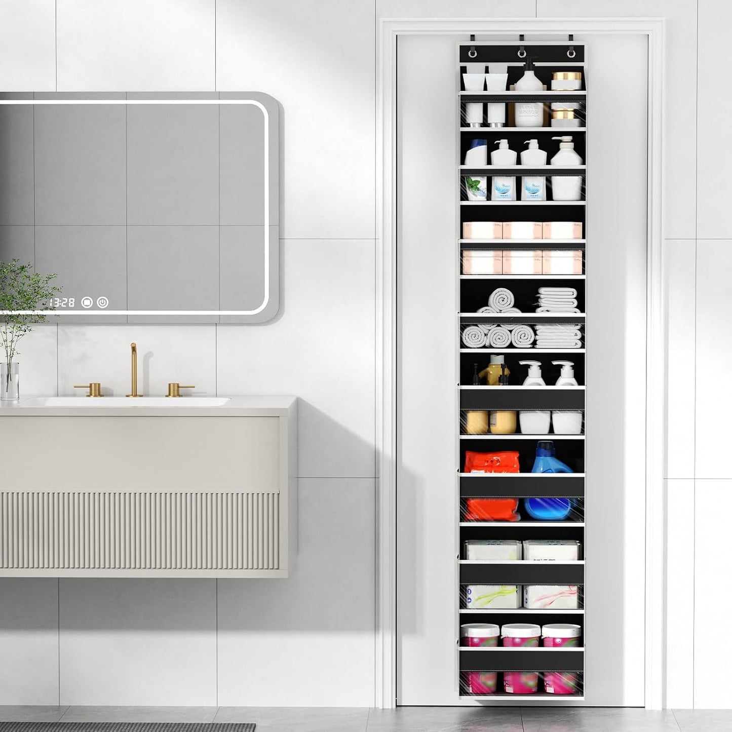 6 Tiers Over The Door Organizer, Heavy Duty Hanging Organizer Storage with Large Capacity Pockets, Behind Door Storage Hanging Shelves for Closet Wall Bathroom Bedroom Nursery Pantry, 1 Pack Grey