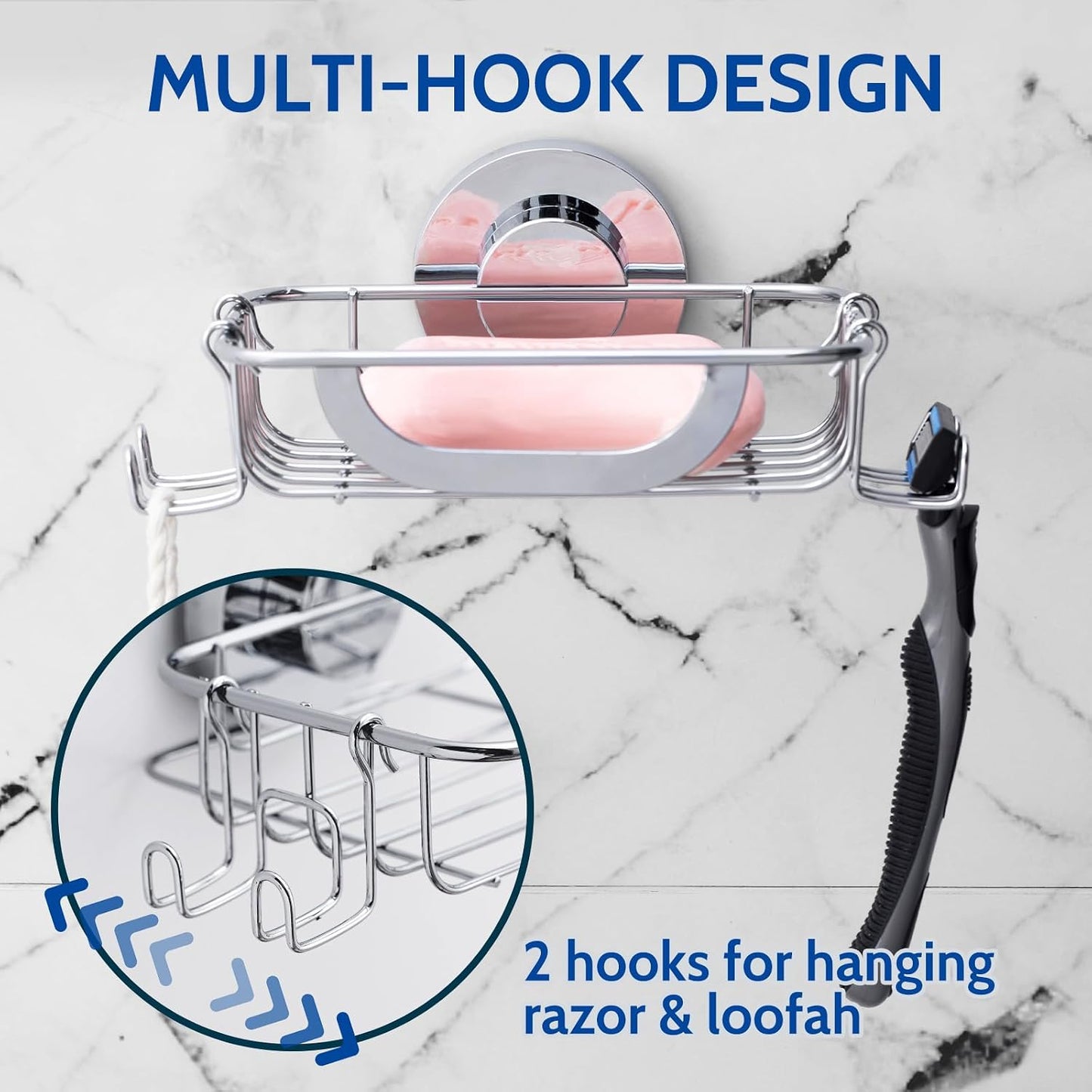 Soap Dish, Soap Bar Holder for Shower Suction Cup with 4 Hooks Wall Mounted, Stainless Steel No-Drilling Removable Waterproof Sponge Holder for Bathroom Bathtub Kitchen Sink, Black