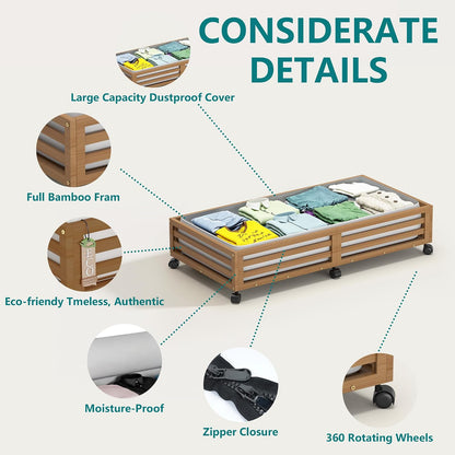 Wisuce 2 Packs Bamboo Under Bed Storage Organizer with Wheels White Small | 360° Lockable Wheels,120lbs Load Capacity, Multi-scene ,Dustproof Clear Storage Bag, Large Capacity,Easy Quick Assembly