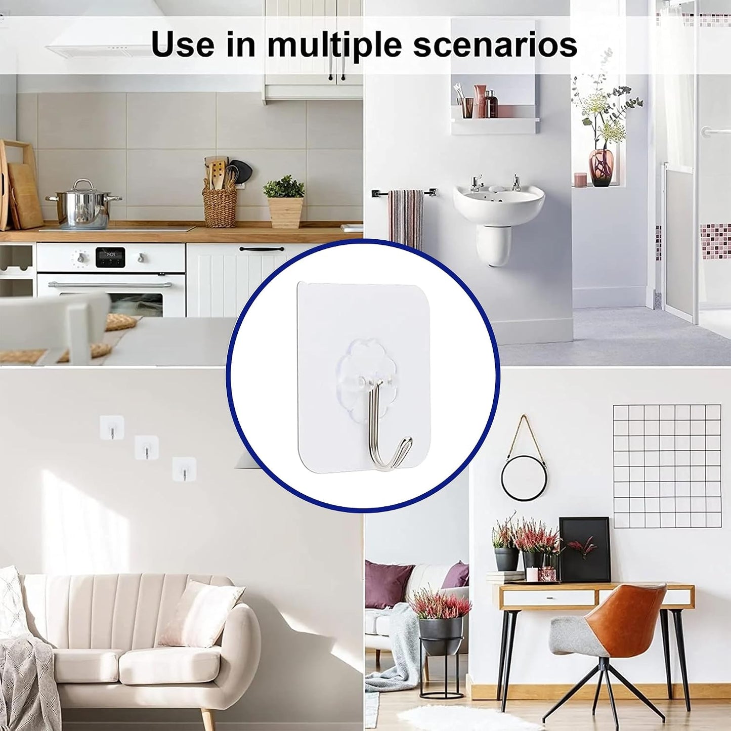 Adhesive Hooks for Hanging, Heavy-Duty Wall Hooks, Self-Adhesive Transparent Hooks, Waterproof Towel & Coat Hooks for Bathroom, Shower, Kitchen, Keys, Doors, Outdoor Use - 25 Pack