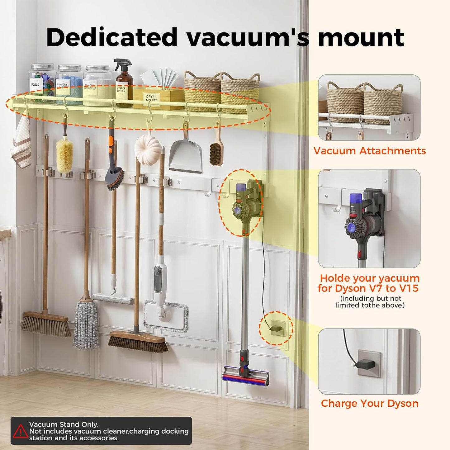 Broom Holder Wall Mount with Shelf,Broom Hanger,3 in 1 Broom and Mop Organizer Wall Hanging for Laundry,Garage,Utility,Broom Rack,Vacuum Stand Alternative,Cleaning Supplies Organizer Storage,White,L