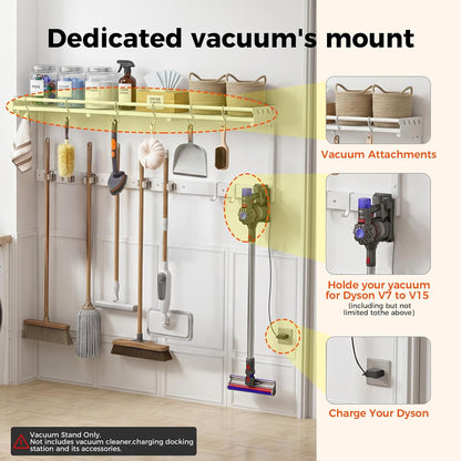 Broom Holder Wall Mount with Shelf,Broom Hanger,3 in 1 Broom and Mop Organizer Wall Hanging for Laundry,Garage,Utility,Broom Rack,Vacuum Stand Alternative,Cleaning Supplies Organizer Storage,White,L