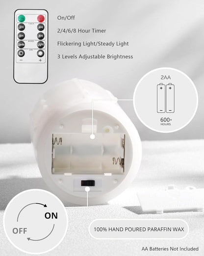 White Flameless Candles with Remote and Timer, Real Wax Made Wax Drip LED Pillar Candles Battery Operated with 3D Flickering Flame Melted Top - 3" x 4",5",6" - Set of 3