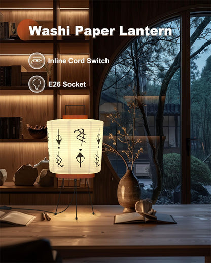 TACAHE Handmade Akari Table Lamp - Japanese Washi Paper Lantern - E26 Socket with Inline Cord Switch - 3 Color Temperature Bulb Included - Japandi Style Ambient Light - 21" Height