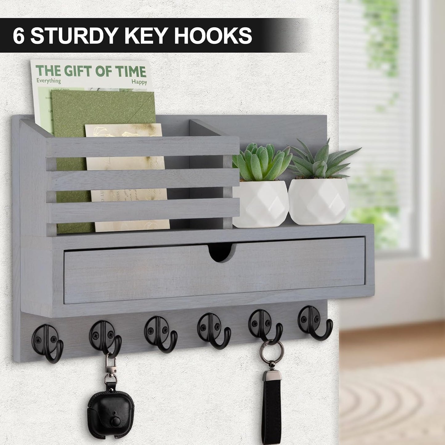 Key Holder Wall Mount, Mail Holder with Storage Drawer and 5 Key Hooks for Coat, Dog Leash, Home Decor Rack, House Accessories, Entry Way Organizer