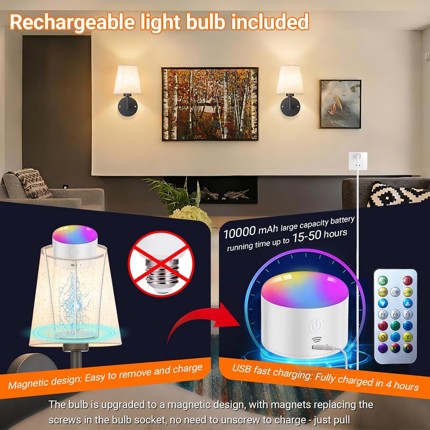 Wall Sconce Battery Operated Wall Light Fixure with Remote Control, Dimmable Battery Operated Wall Sconces Set Of Two, Indoor Wireless Wall Mounted Lamp with Rechargable Bulb For Bedroom Living Room (
