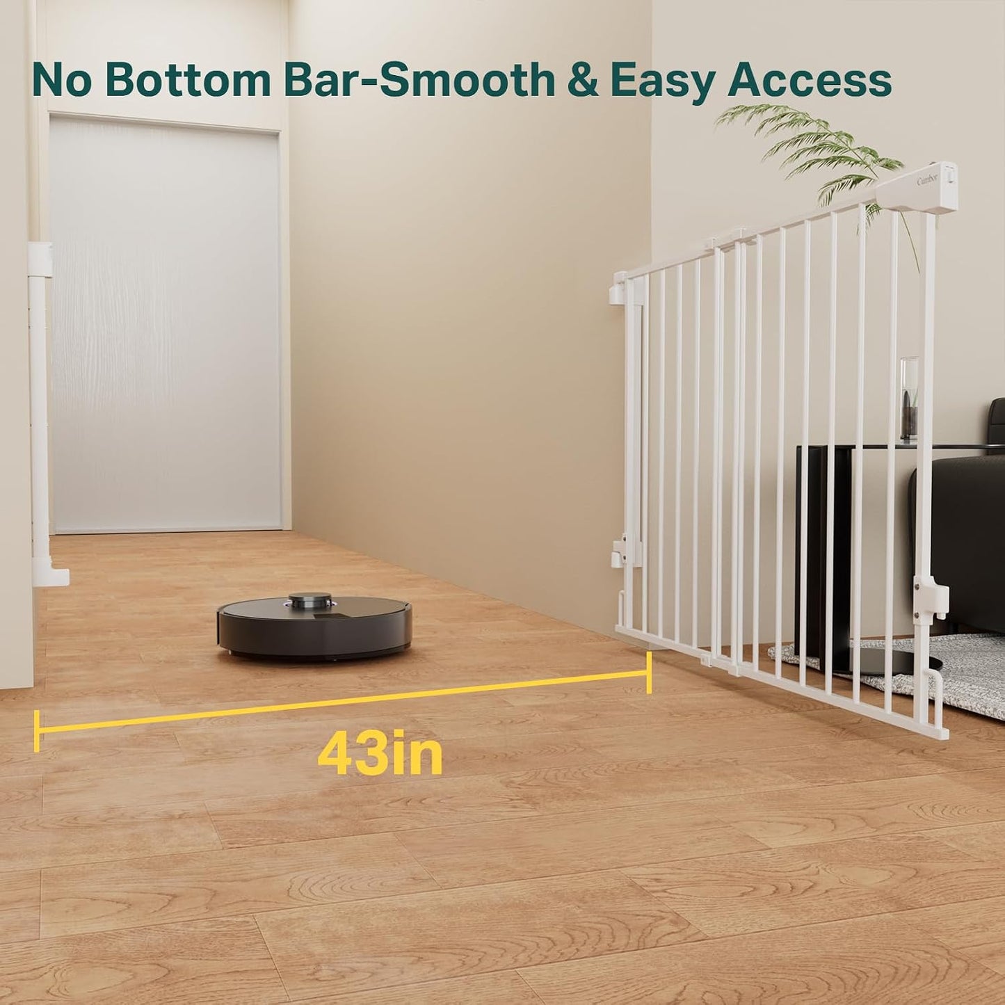 Cumbor 29.2–43" Baby Gate for Stairs, Hardware Mounted (Drill Required), Expandable No Bottom Bar Dog Gate, Auto Close Extra Wide Walk Thru, Pet & Toddler Proof Gate, Top & Bottom of Stairways (White)